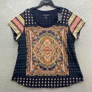 Lucky Brand NWT Women's Plus Size 2X Navy Blue Boho Preppy Printed T-Shirt Top